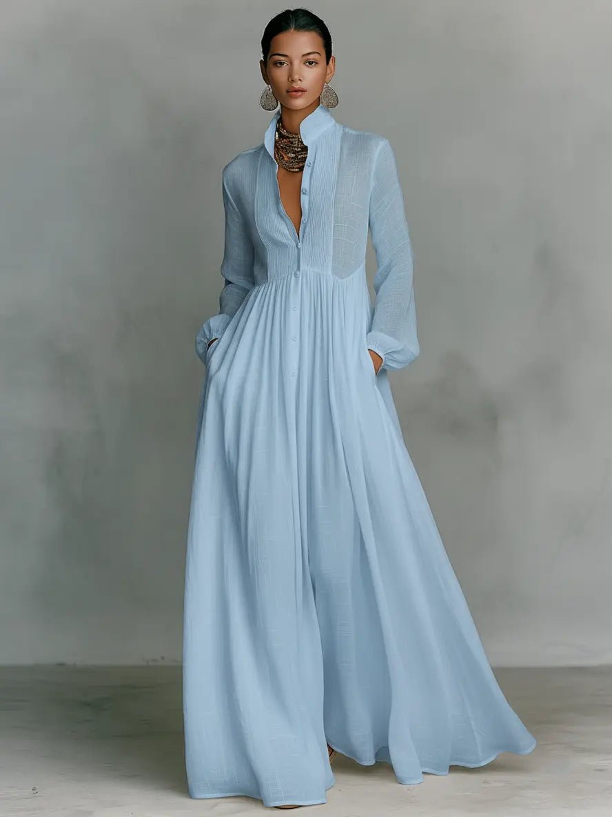 Stand-Collar Maxi Dress in Natural Cotton-Linen Blend | Breathable Long-Sleeve Button-Through Design with Relaxed Silhouette and Practical Pockets | Koossa