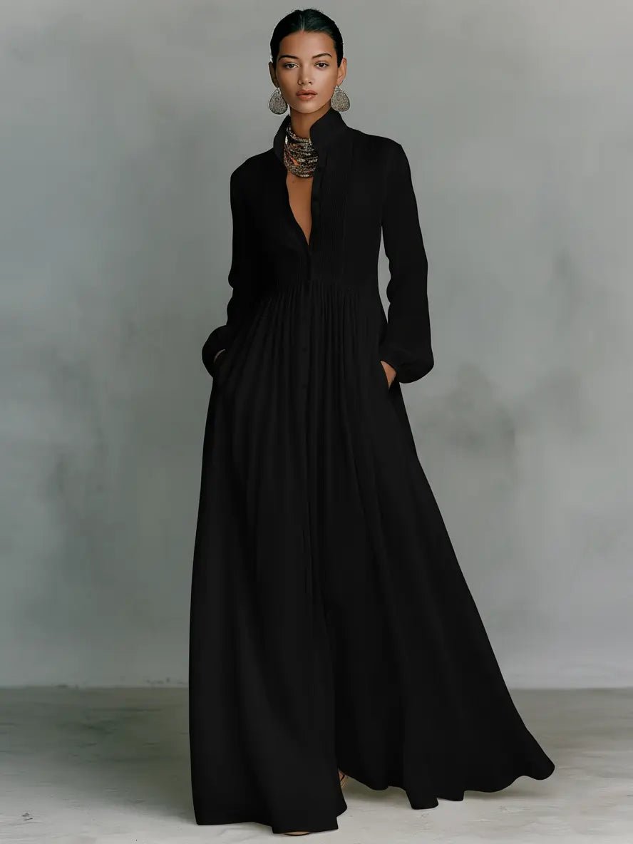 Stand-Collar Maxi Dress in Natural Cotton-Linen Blend | Breathable Long-Sleeve Button-Through Design with Relaxed Silhouette and Practical Pockets | Koossa
