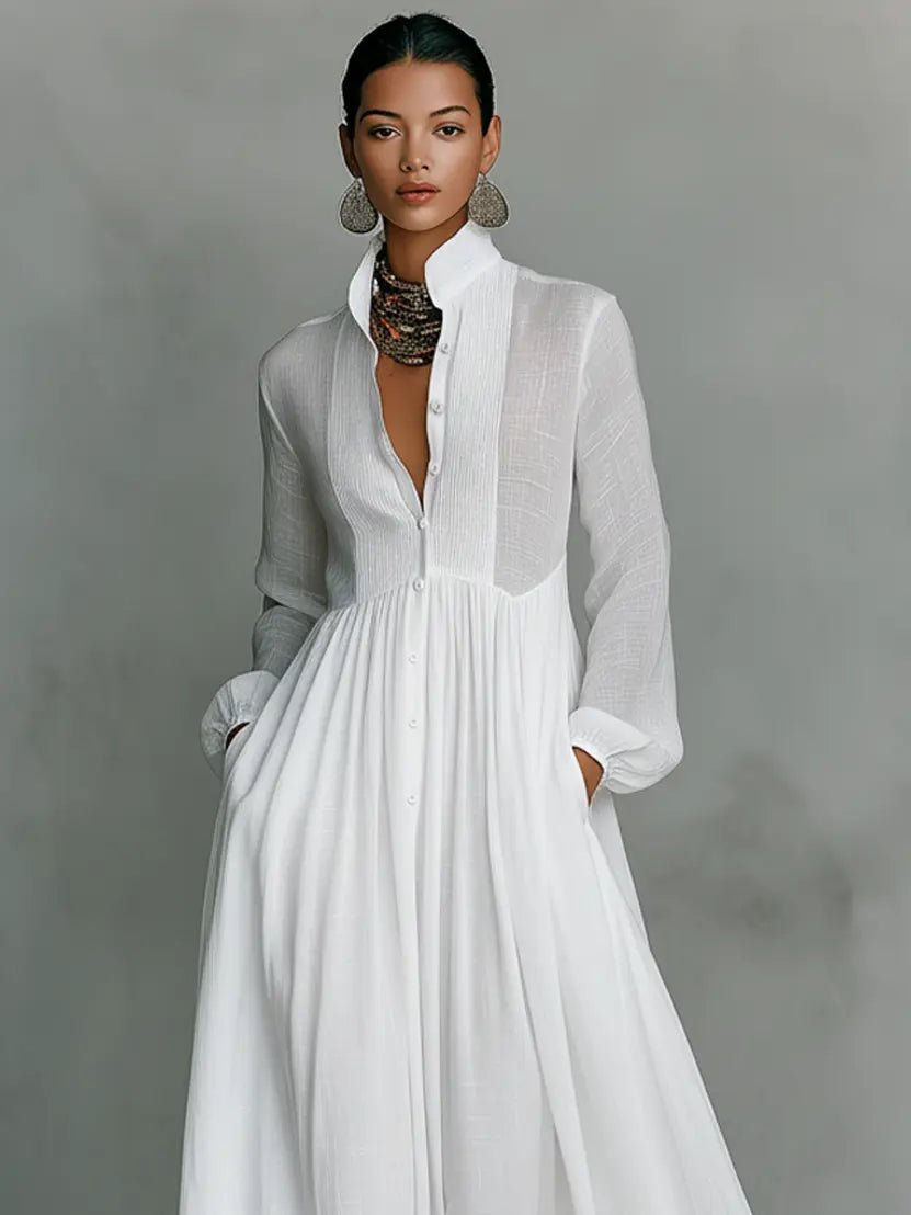 Stand-Collar Maxi Dress in Natural Cotton-Linen Blend | Breathable Long-Sleeve Button-Through Design with Relaxed Silhouette and Practical Pockets | Koossa