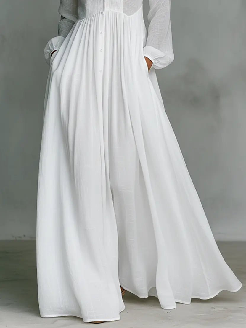 Stand-Collar Maxi Dress in Natural Cotton-Linen Blend | Breathable Long-Sleeve Button-Through Design with Relaxed Silhouette and Practical Pockets | Koossa