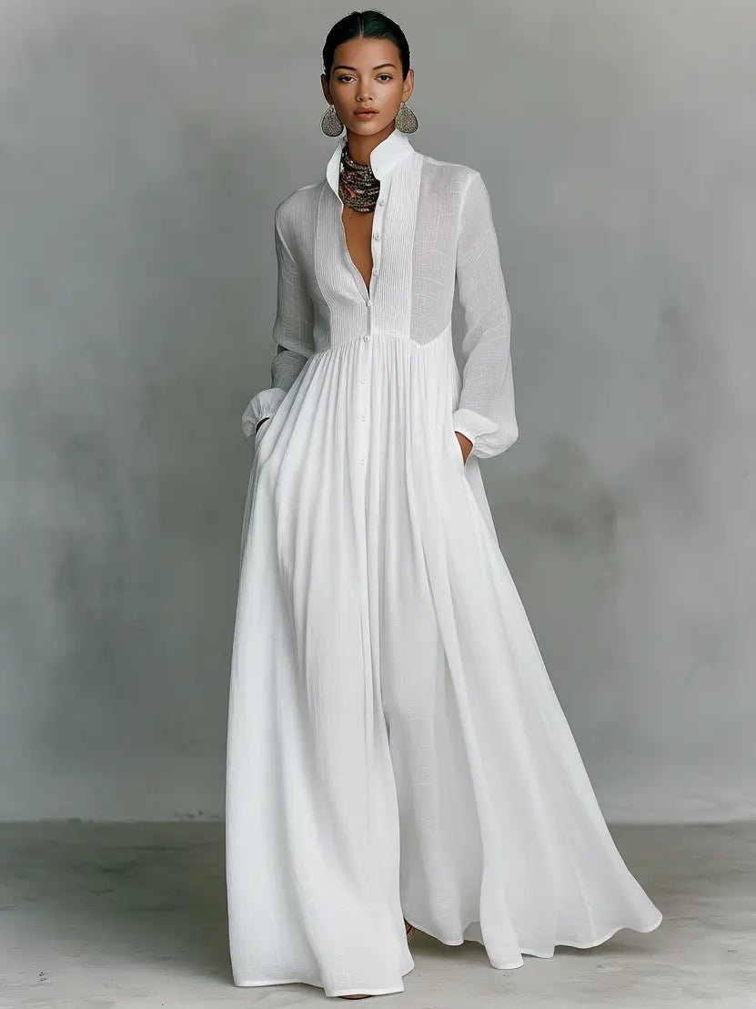 Stand-Collar Maxi Dress in Natural Cotton-Linen Blend | Breathable Long-Sleeve Button-Through Design with Relaxed Silhouette and Practical Pockets | Koossa