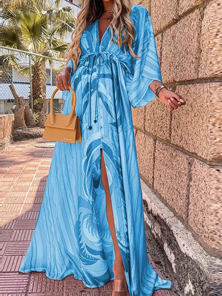Women's Maxi Dress with Adjustable Tie Waist Abstract Print Kimono Sleeves Flowing Summer Occasion Wear Resort Lightweight | Koossa