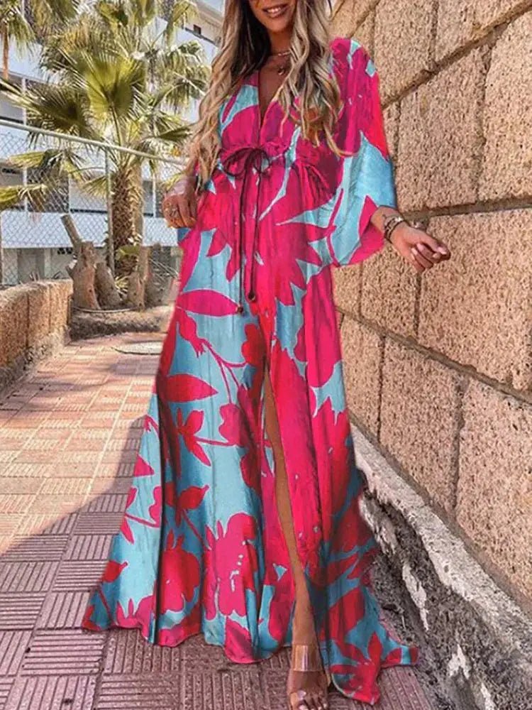 Women's Maxi Dress with Adjustable Tie Waist Abstract Print Kimono Sleeves Flowing Summer Occasion Wear Resort Lightweight | Koossa