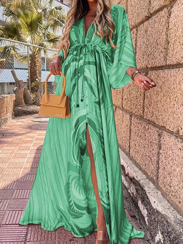 Women's Maxi Dress with Adjustable Tie Waist Abstract Print Kimono Sleeves Flowing Summer Occasion Wear Resort Lightweight | Koossa
