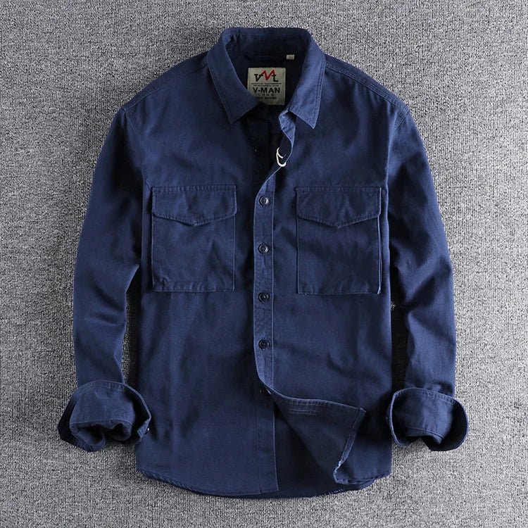 Men's Long Sleeve Cotton Shirt with Chest Pocket in Green, Orange & Navy | Smart Casual Collared Button-Down Shirt | Koossa