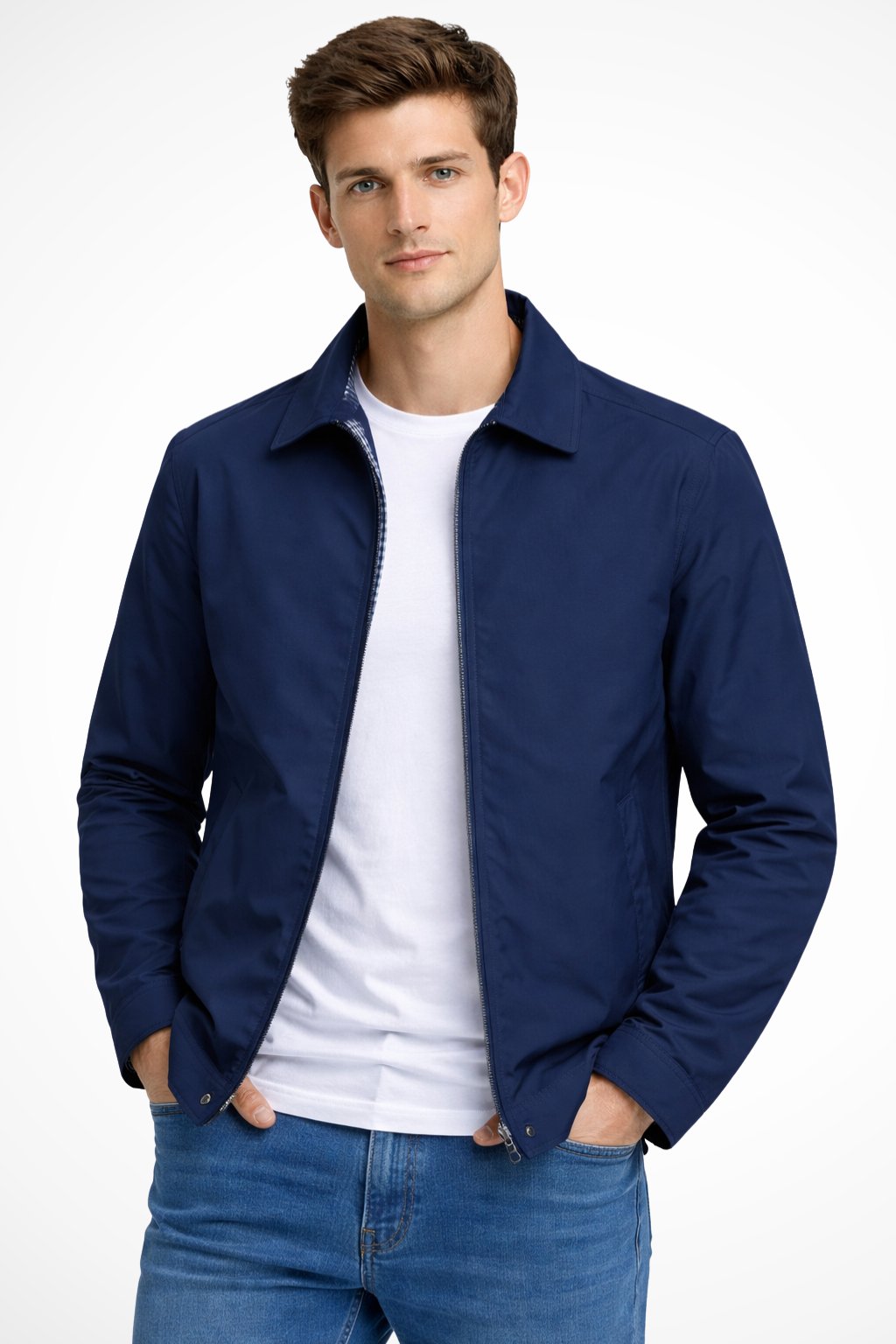 Men's Zip-Front Harrington Jacket with Checked Lining in Blue, Black & Beige – Classic Lightweight Layer for Smart-Casual Style | Koossa