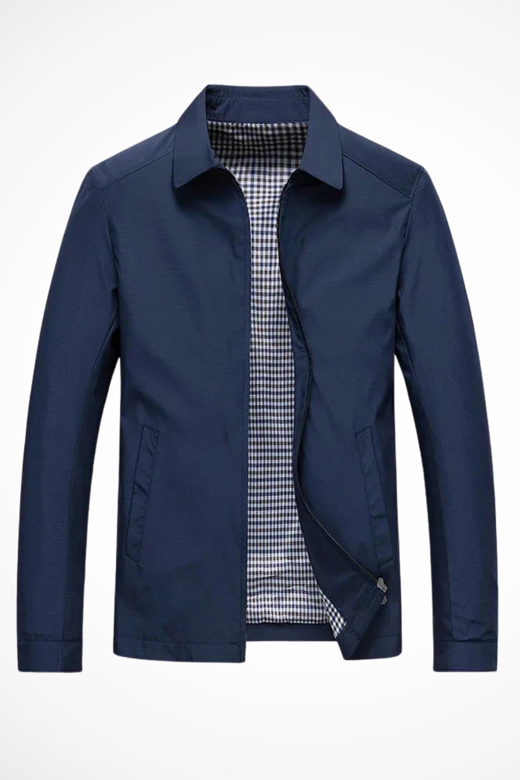 Men's Zip-Front Harrington Jacket with Checked Lining in Blue, Black & Beige – Classic Lightweight Layer for Smart-Casual Style | Koossa