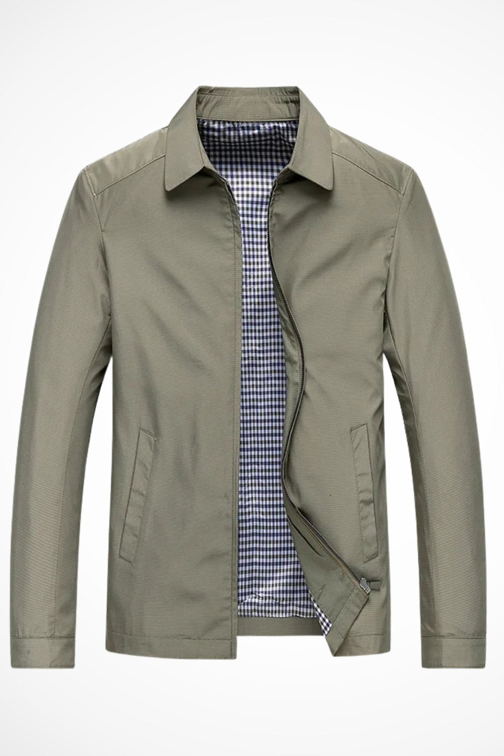 Men's Zip-Front Harrington Jacket with Checked Lining in Blue, Black & Beige – Classic Lightweight Layer for Smart-Casual Style | Koossa