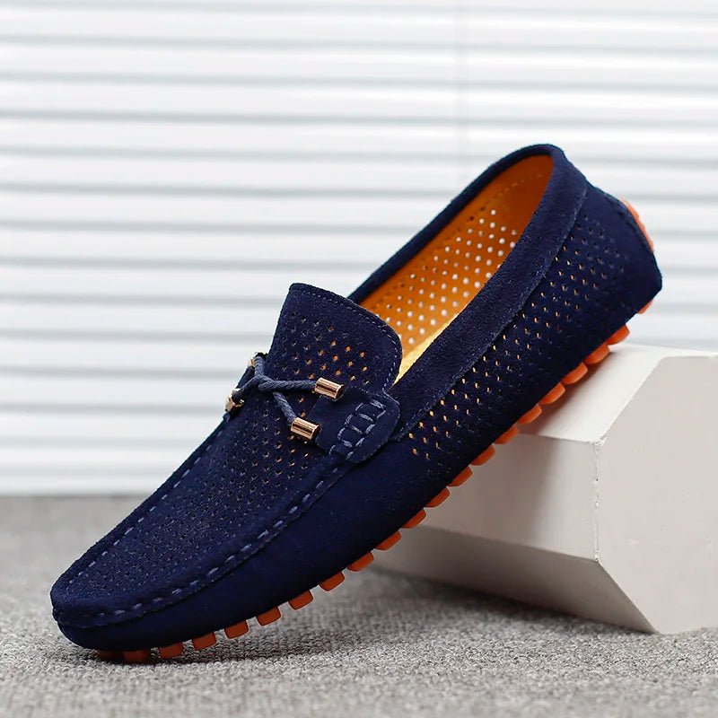 Men's Perforated Suede Loafers Navy Blue Breathable Smart-Casual Slip-On Shoes Orange Sole Metal Bow Spring Summer | Koossa