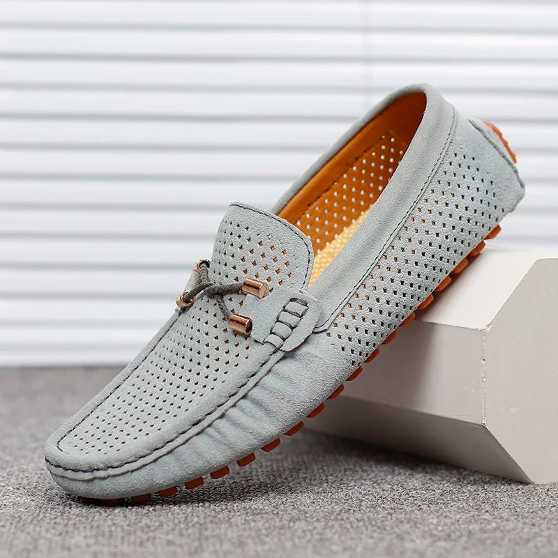 Men's Perforated Suede Loafers Navy Blue Breathable Smart-Casual Slip-On Shoes Orange Sole Metal Bow Spring Summer | Koossa