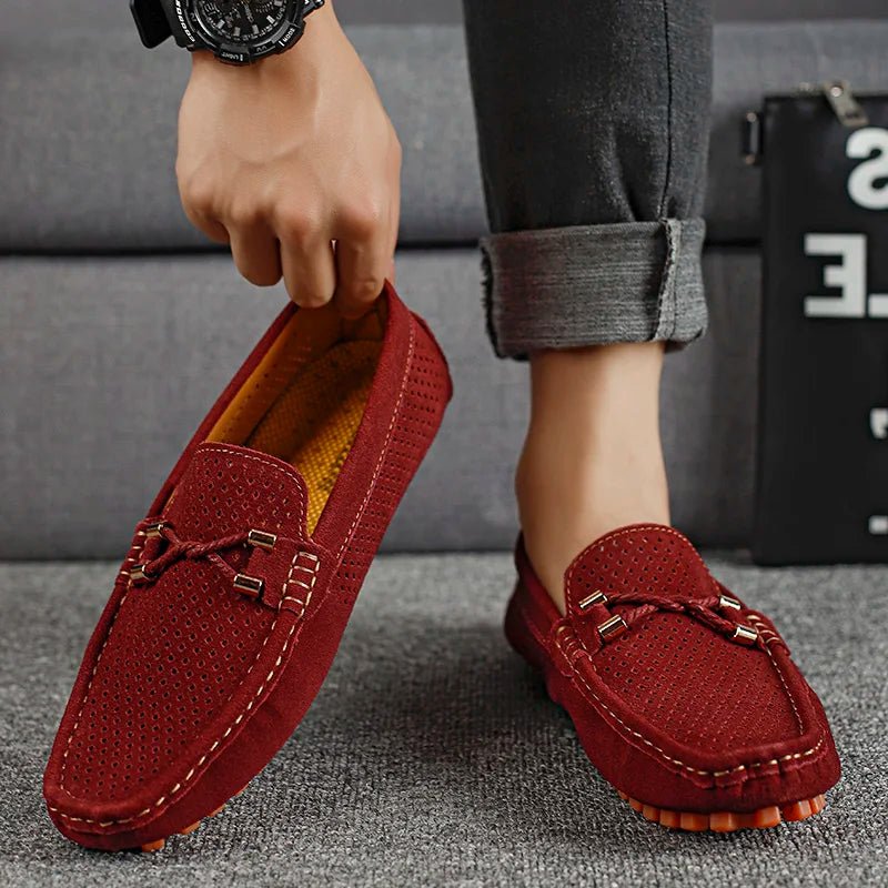 Men's Perforated Suede Loafers Navy Blue Breathable Smart-Casual Slip-On Shoes Orange Sole Metal Bow Spring Summer | Koossa