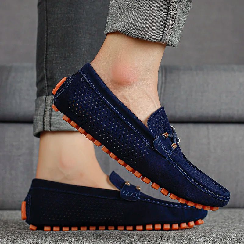 Men's Perforated Suede Loafers Navy Blue Breathable Smart-Casual Slip-On Shoes Orange Sole Metal Bow Spring Summer | Koossa