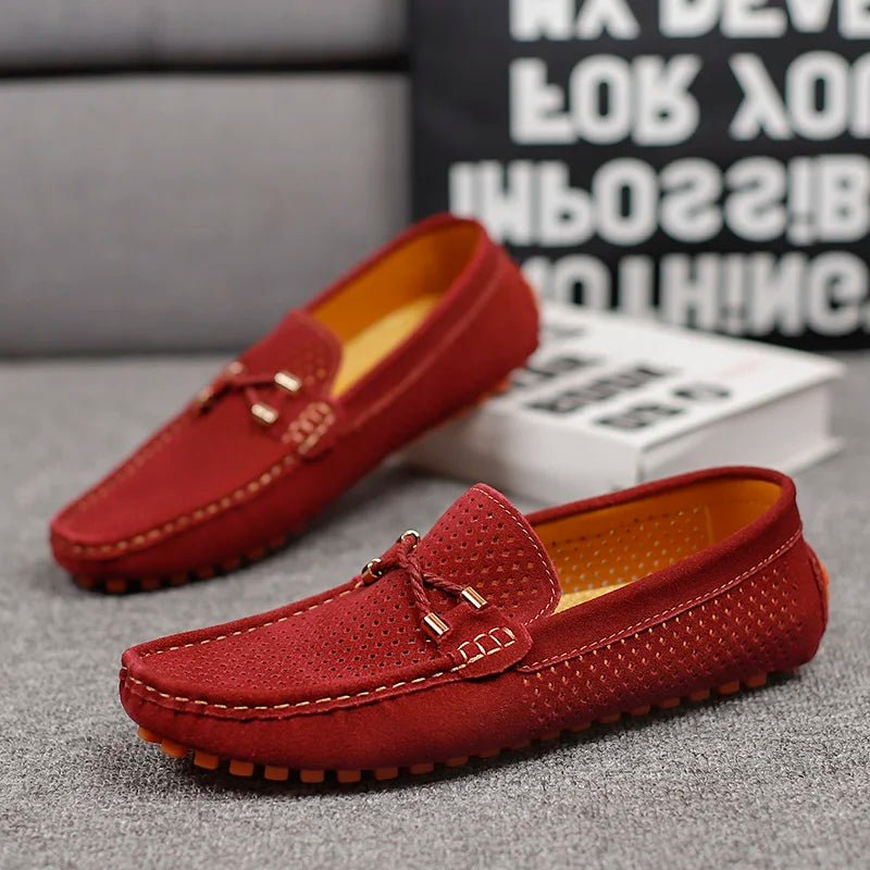 Men's Perforated Suede Loafers Navy Blue Breathable Smart-Casual Slip-On Shoes Orange Sole Metal Bow Spring Summer | Koossa