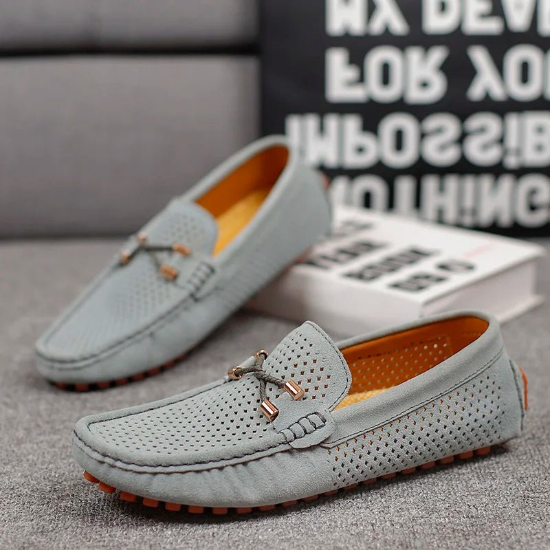 Men's Perforated Suede Loafers Navy Blue Breathable Smart-Casual Slip-On Shoes Orange Sole Metal Bow Spring Summer | Koossa
