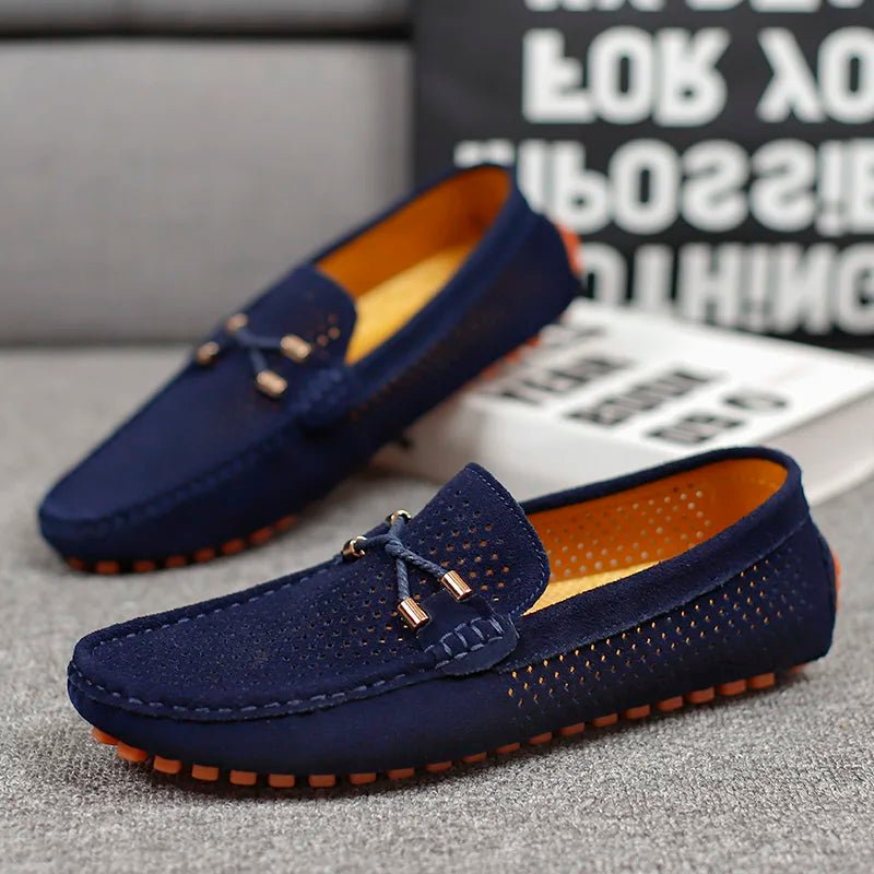 Men's Perforated Suede Loafers Navy Blue Breathable Smart-Casual Slip-On Shoes Orange Sole Metal Bow Spring Summer | Koossa