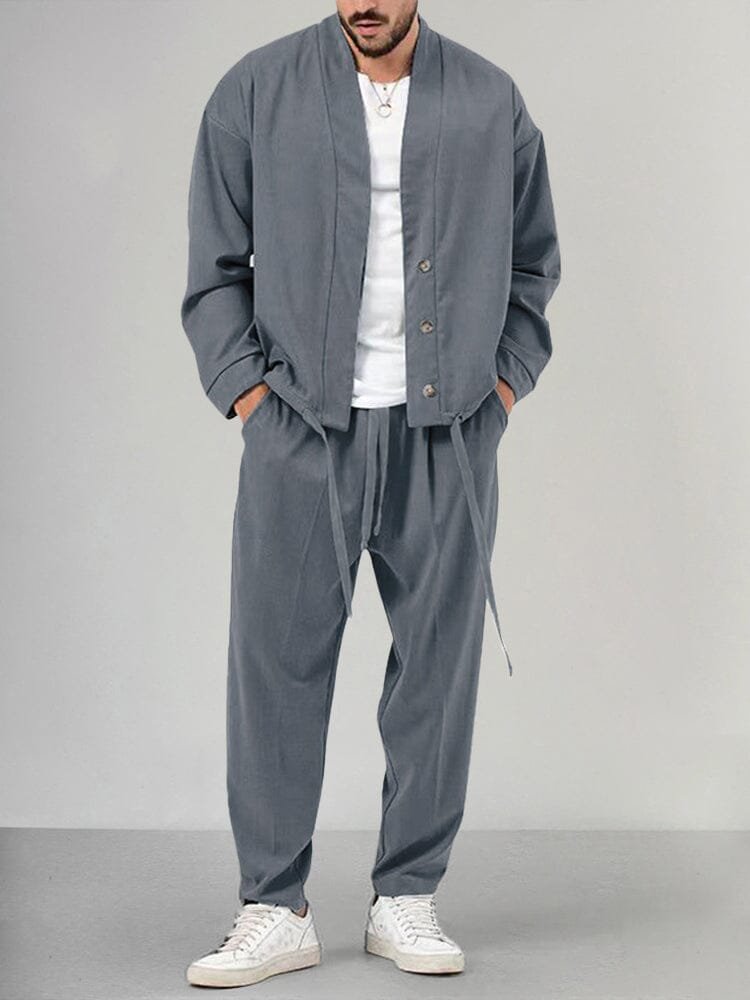 Men's Relaxed Two-Piece Co-ord Set with Button Overshirt and Drawstring Trousers in Woven Fabric for Casual Weekend Comfort | Koossa
