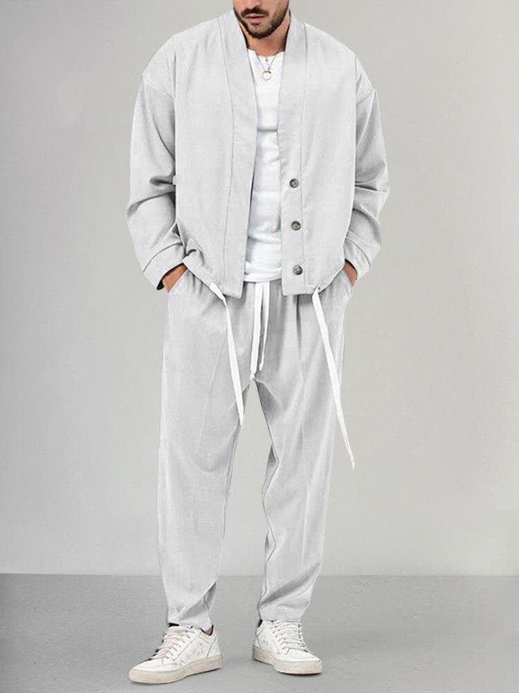 Men's Relaxed Two-Piece Co-ord Set with Button Overshirt and Drawstring Trousers in Woven Fabric for Casual Weekend Comfort | Koossa