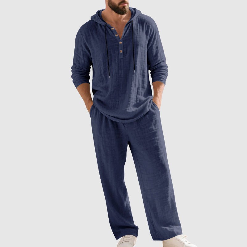 Hooded Linen Two-Piece Co-ord Set for Men – Relaxed Henley Top and Drawstring Trousers in Breathable Natural Fabric | Koossa