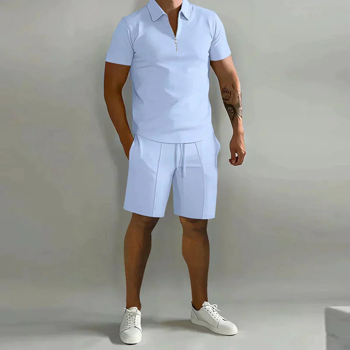 Men's Zip-Neck Polo Shirt and Shorts Co-ord Set in Cotton Blend for Relaxed Summer Style | Koossa