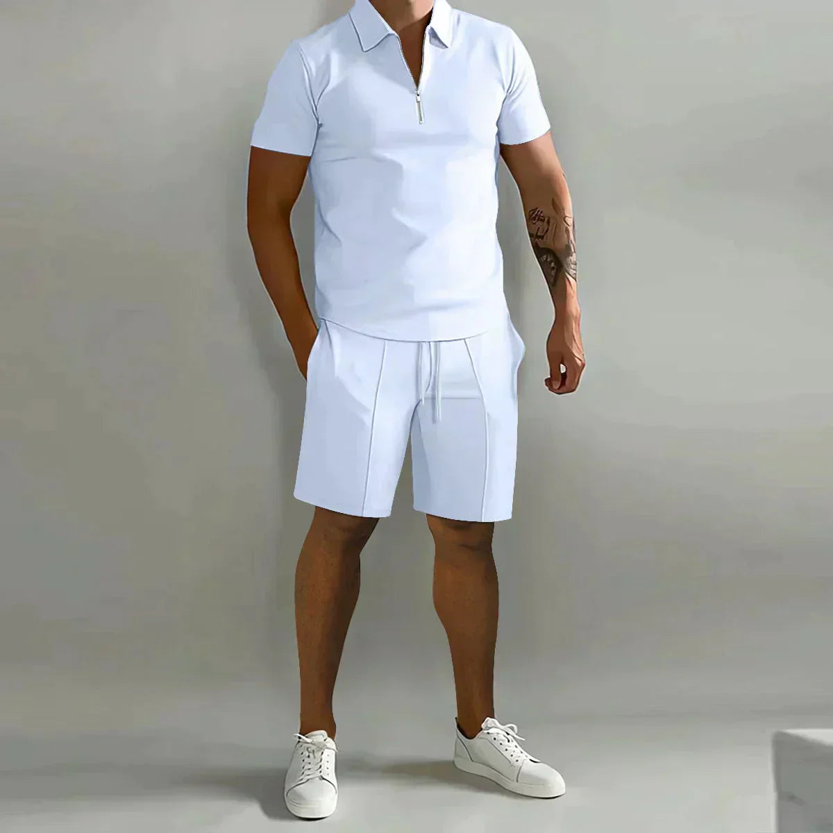 Men's Zip-Neck Polo Shirt and Shorts Co-ord Set in Cotton Blend for Relaxed Summer Style | Koossa