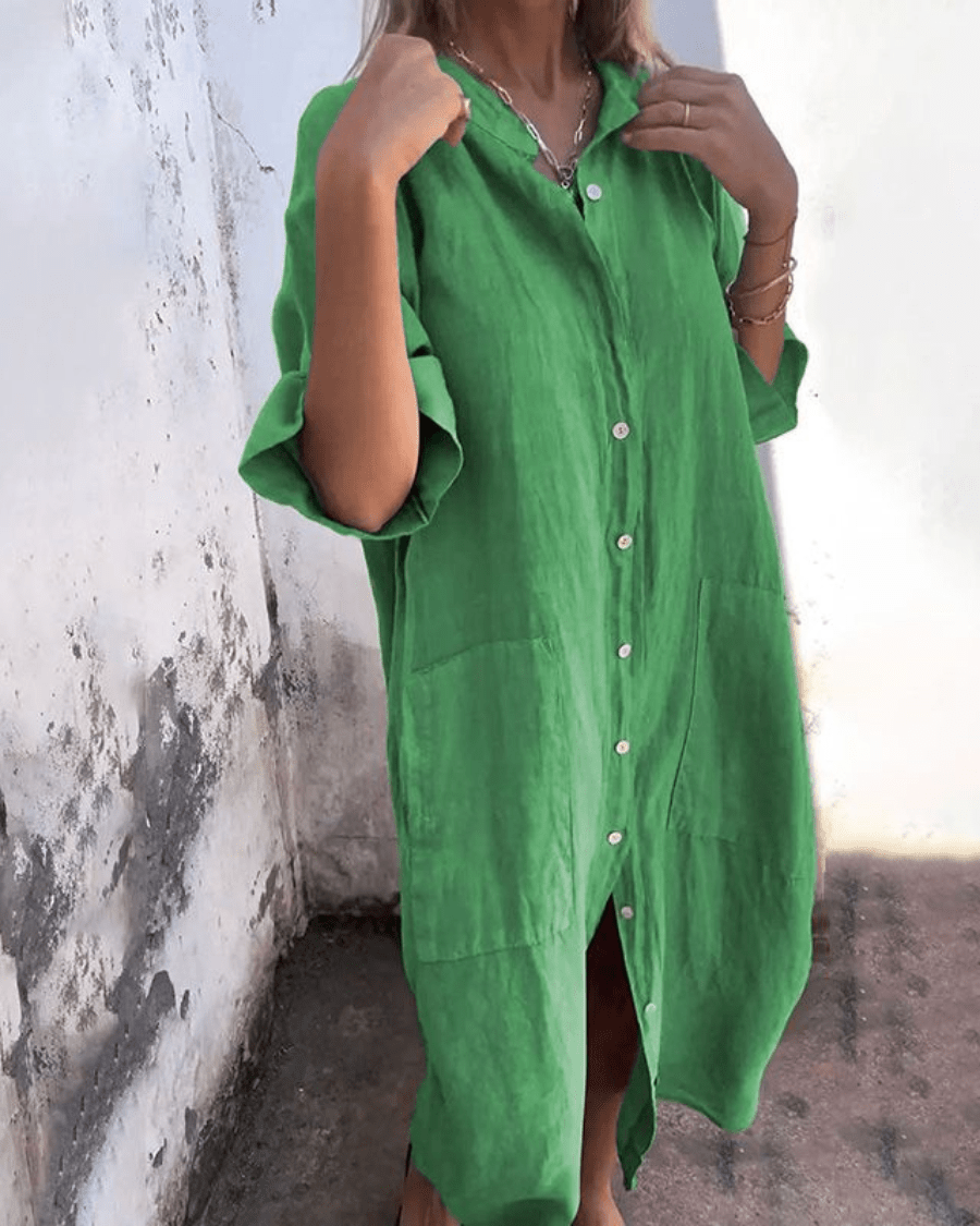 Women's Ankle-Length Shirt Dress in Lightweight Cotton Blend with Button Front and Relaxed Bohemian Silhouette for Warm Days and Casual Elegance | Koossa