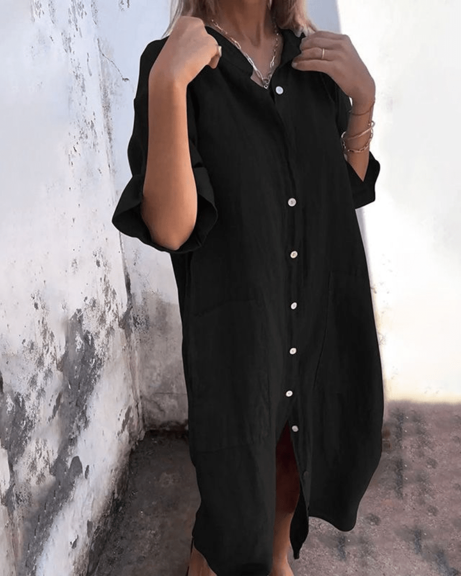 Women's Ankle-Length Shirt Dress in Lightweight Cotton Blend with Button Front and Relaxed Bohemian Silhouette for Warm Days and Casual Elegance | Koossa