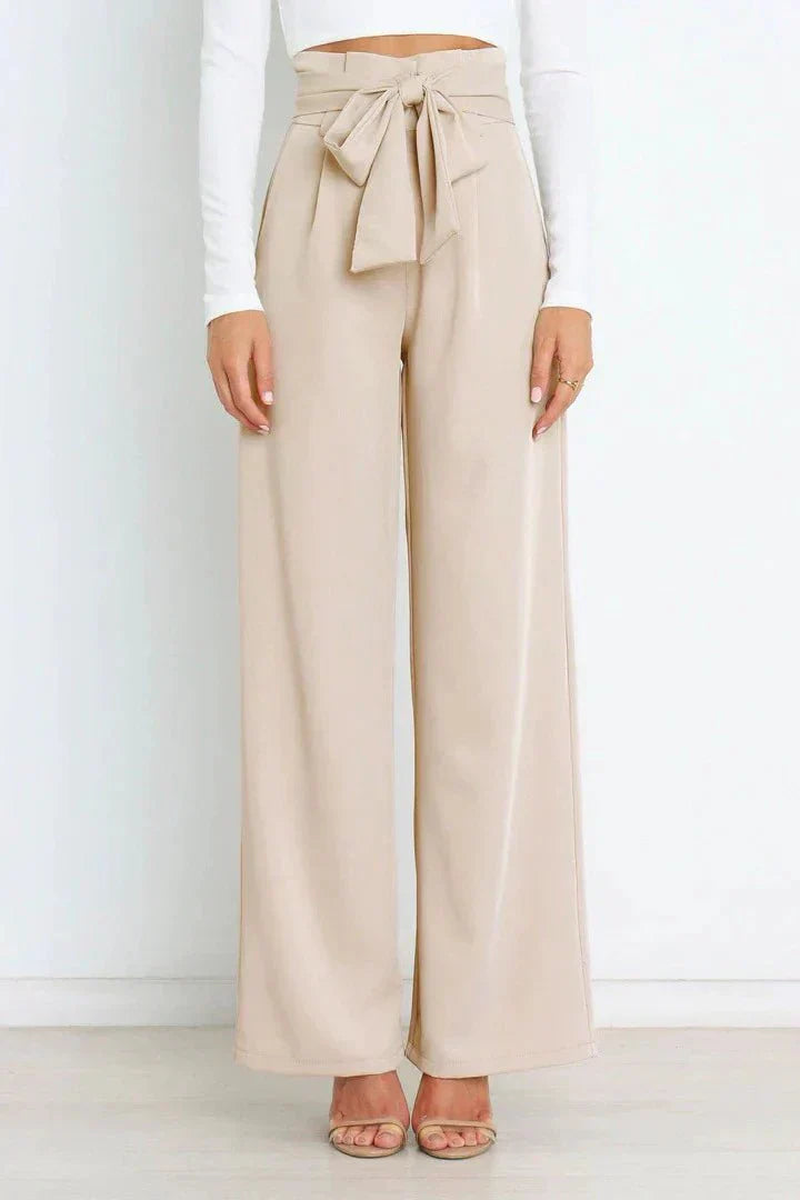 Women's Wide Leg Trousers with Tie Belt — Elegant High Waist Trousers for Work & Casual Wear | Koossa