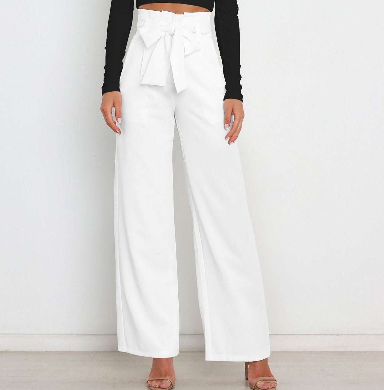 Women's Wide Leg Trousers with Tie Belt — Elegant High Waist Trousers for Work & Casual Wear | Koossa