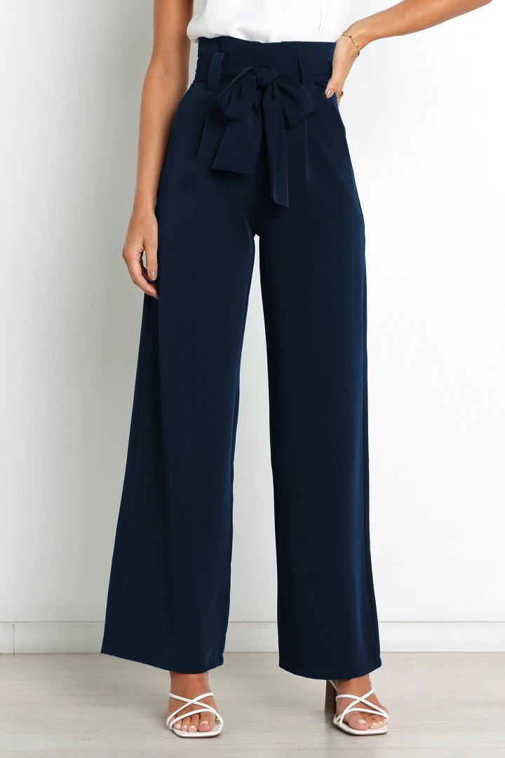 Women's Wide Leg Trousers with Tie Belt — Elegant High Waist Trousers for Work & Casual Wear | Koossa