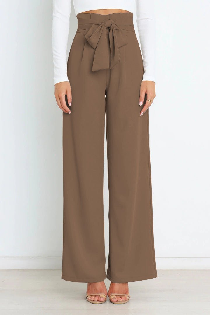 Women's Wide Leg Trousers with Tie Belt — Elegant High Waist Trousers for Work & Casual Wear | Koossa