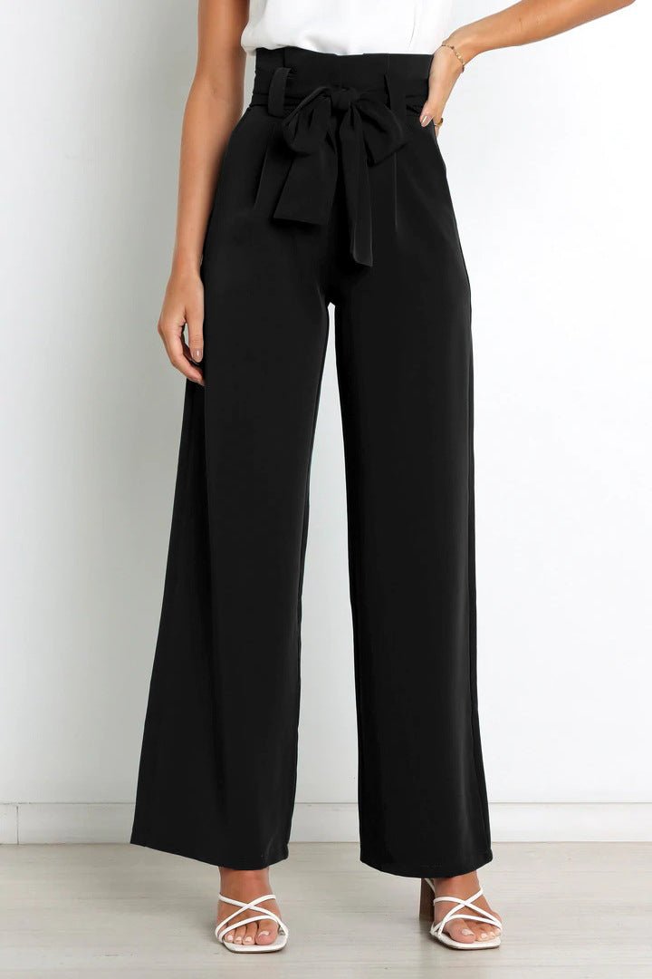 Women's Wide Leg Trousers with Tie Belt — Elegant High Waist Trousers for Work & Casual Wear | Koossa
