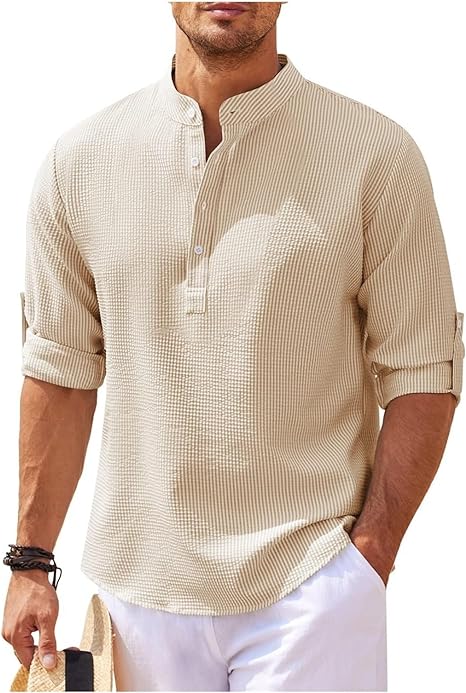Men's Check Shirt with Stand Collar and Roll-Up Sleeves — Smart Casual Shirt for Weekend & Everyday Wear | Koossa