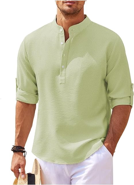 Men's Check Shirt with Stand Collar and Roll-Up Sleeves — Smart Casual Shirt for Weekend & Everyday Wear | Koossa