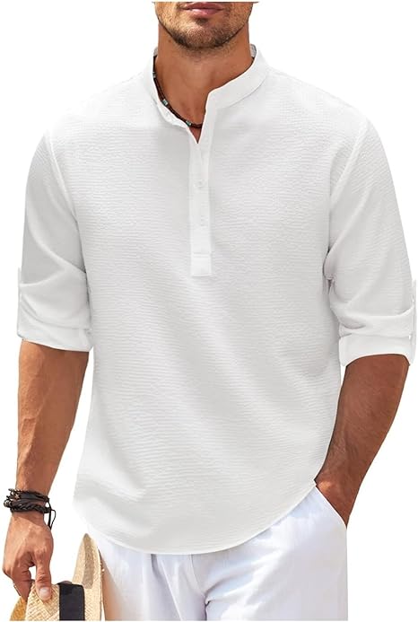 Men's Check Shirt with Stand Collar and Roll-Up Sleeves — Smart Casual Shirt for Weekend & Everyday Wear | Koossa