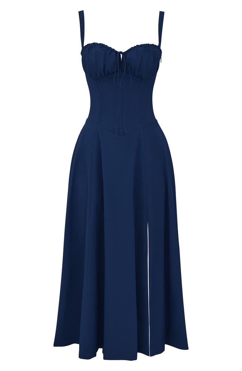 Structured Corset Midi Dress with Front Slit in Elegant Occasion Styling | Koossa