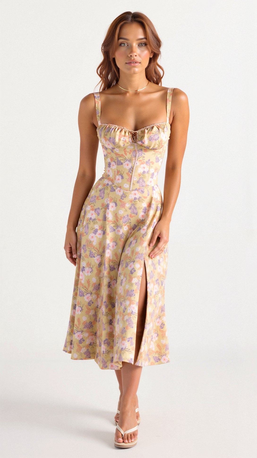 Structured Corset Midi Dress with Front Slit in Elegant Occasion Styling | Koossa
