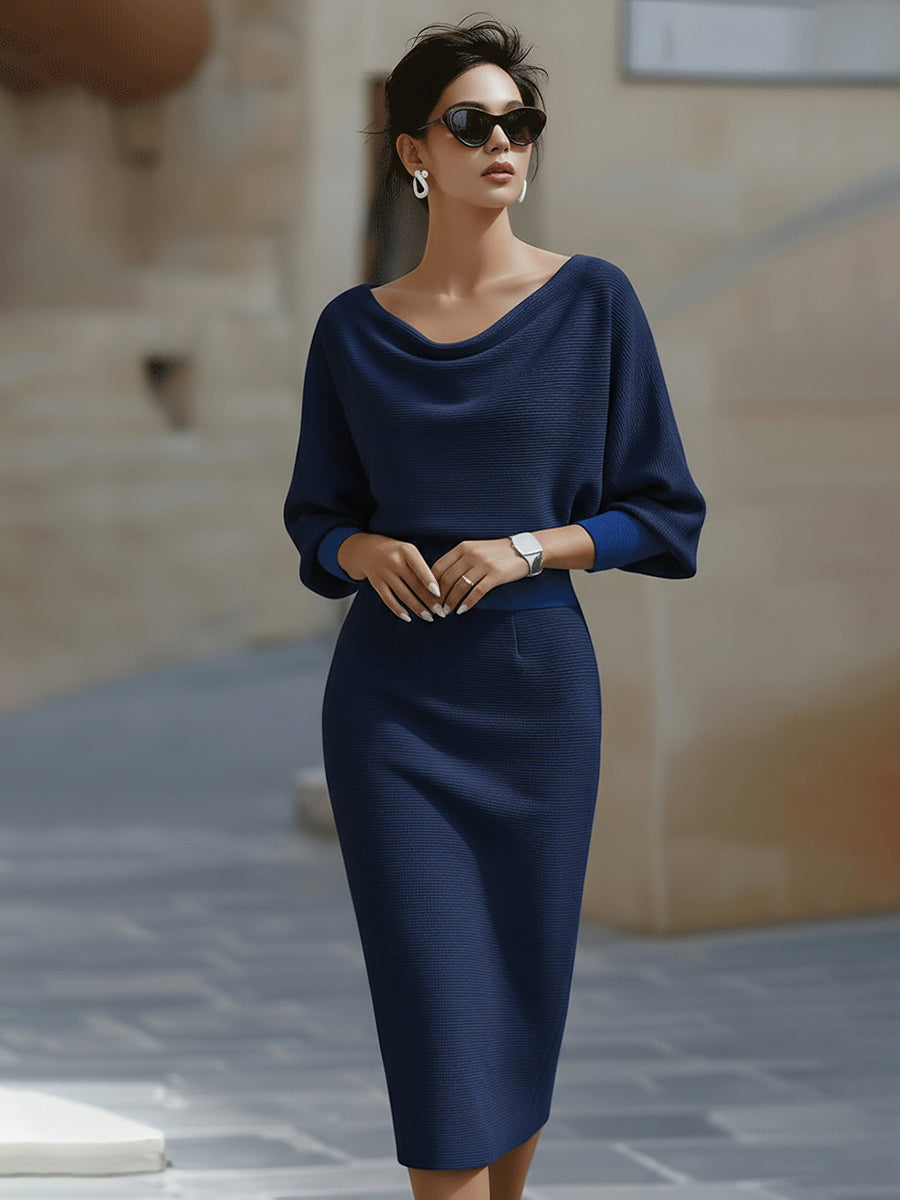 Women's Round Neck Midi Dress with Batwing Sleeves in Navy, White, Beige, Black, Green & Grey — Flowing Draped Silhouette for Daywear and Special Occasions | Koossa