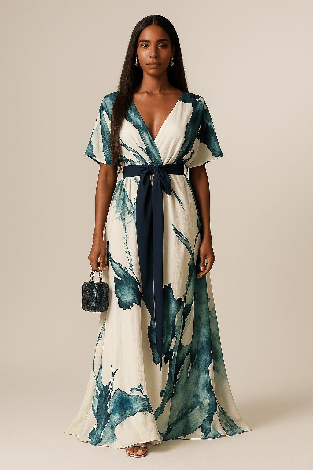 Women's Watercolour Print Maxi Dress with Tie Waist Green Lightweight Flowing Summer Wedding Garden Party Evening Occasion | Koossa