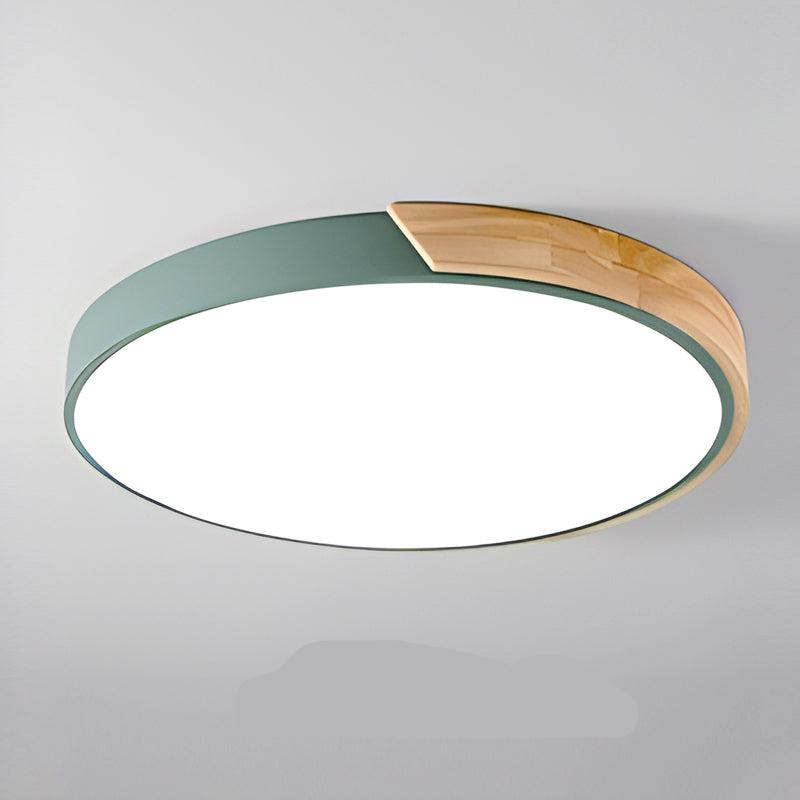 Round Flush Mount Ceiling Light with Wood Accent | Modern Nordic LED Fixture for Bedroom Living Room | 9-12 inch Macaron Design in 6 Colors | Lonoma