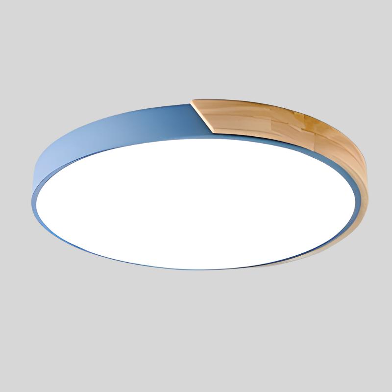 Round Flush Mount Ceiling Light with Wood Accent | Modern Nordic LED Fixture for Bedroom Living Room | 9-12 inch Macaron Design in 6 Colors | Lonoma
