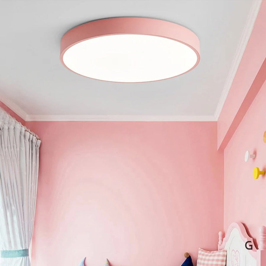 Round Flush Mount Ceiling Light with Wood Accent | Modern Nordic LED Fixture for Bedroom Living Room | 9-12 inch Macaron Design in 6 Colors | Lonoma