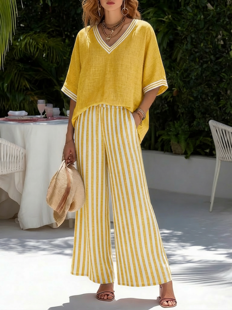 Women's V-Neck Top and Striped Trousers Co-Ord Set in Pure Cotton for Effortless Summer Dressing | Koossa
