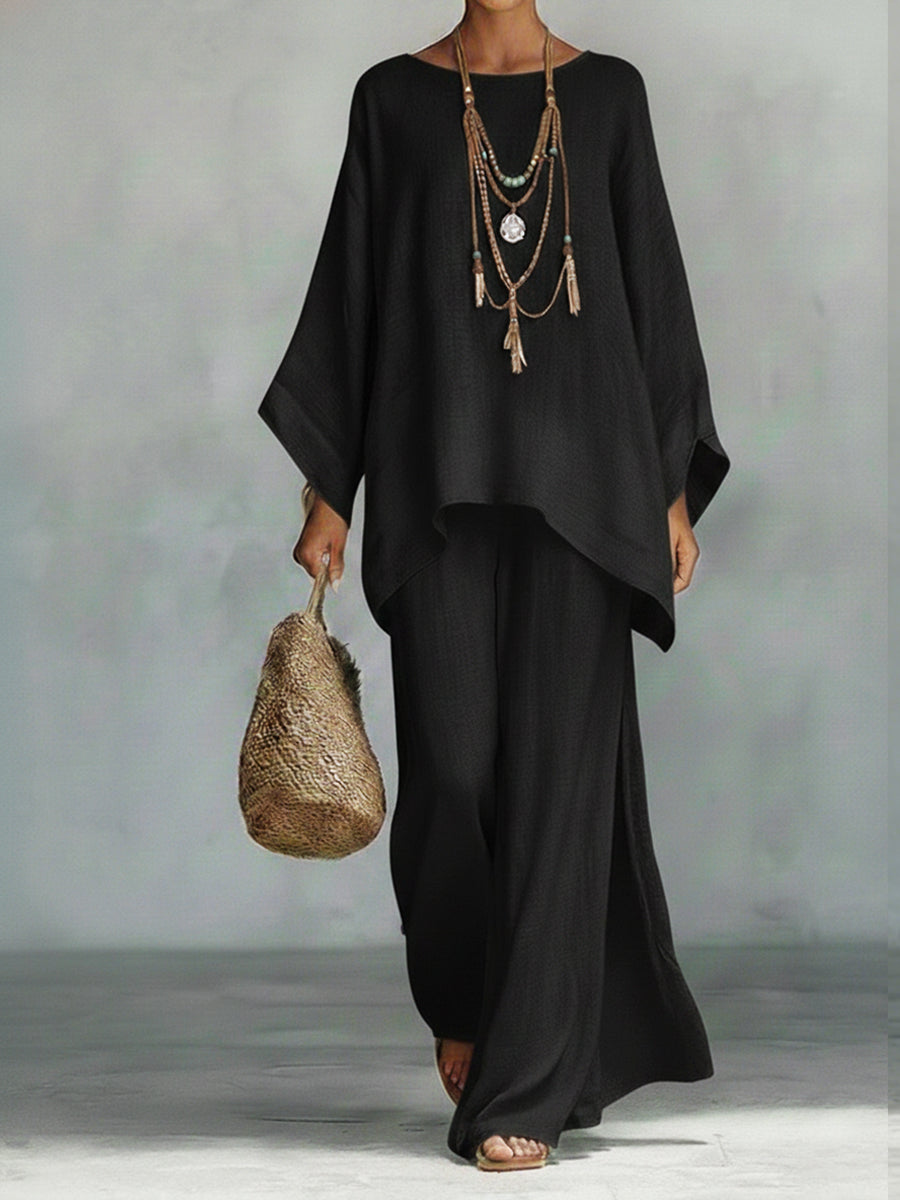 Women's Linen Co-ord Set with Wide Sleeves and Flowing Trousers for Elegant Casual Dressing | Koossa