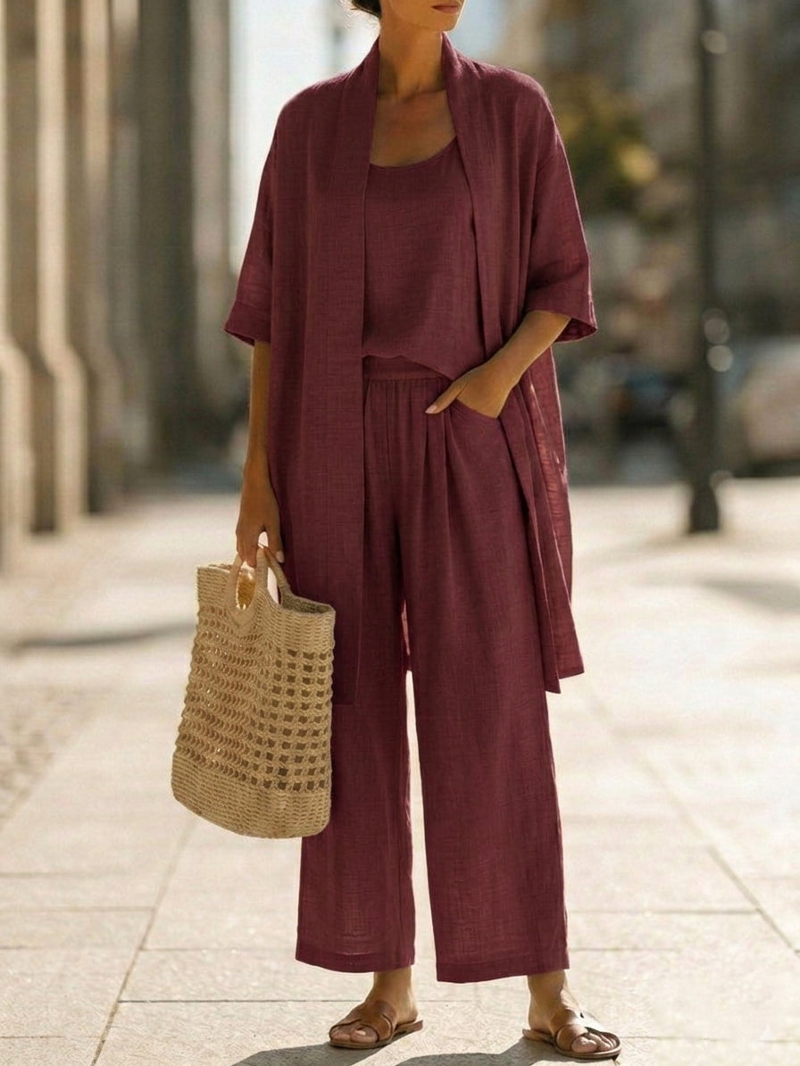 Women's Three-Piece Co-ord Set in Breathable Fabric | Relaxed Fit Top Trousers Waistcoat for Everyday Elegance | Koossa