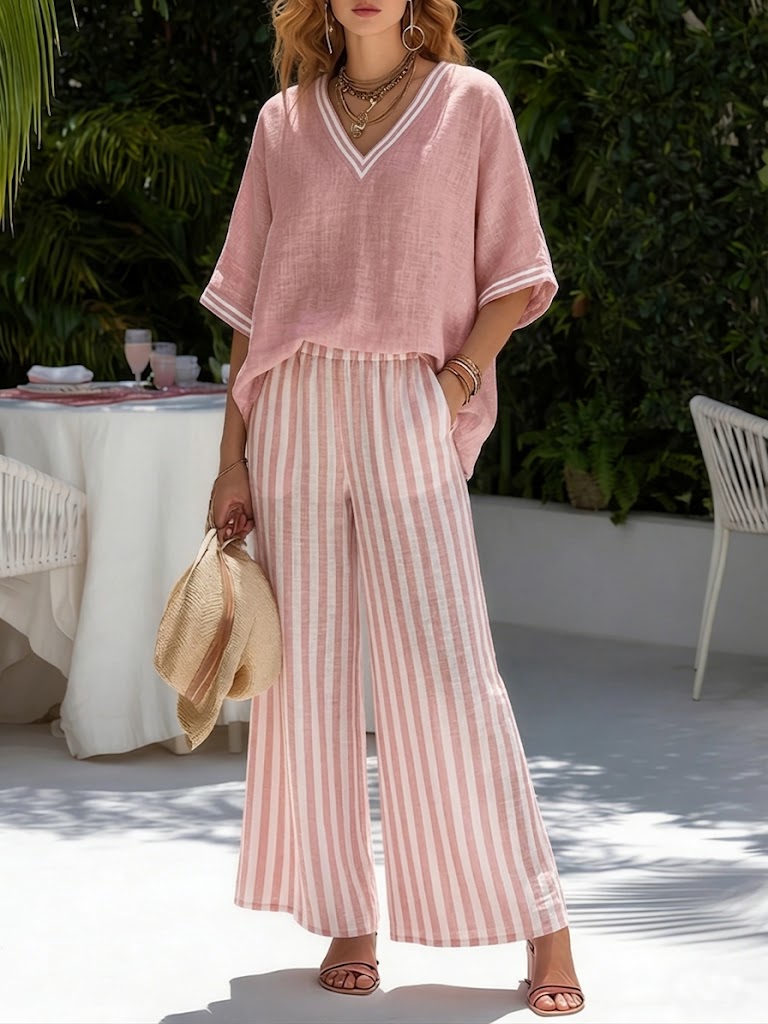 Women's V-Neck Top and Striped Trousers Co-Ord Set in Pure Cotton for Effortless Summer Dressing | Koossa