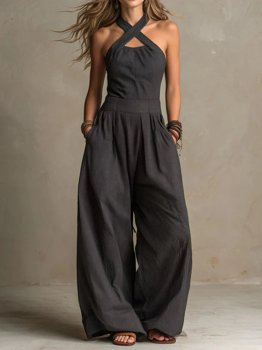 Women's Black Wide Leg Jumpsuit — Elegant Summer Jumpsuit with Crossover Neckline for Evening Occasions | Koossa