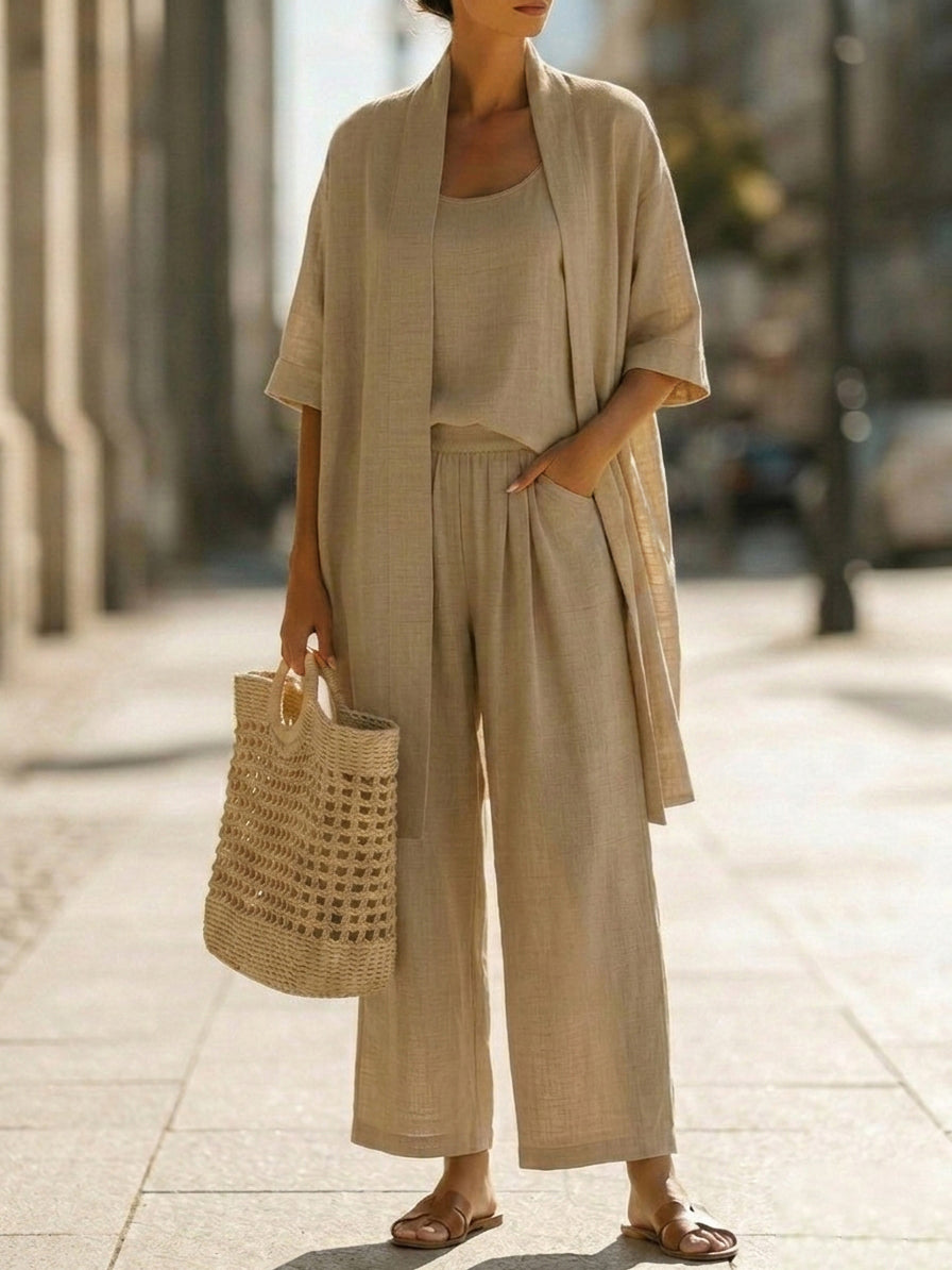 Women's Three-Piece Co-ord Set in Breathable Fabric | Relaxed Fit Top Trousers Waistcoat for Everyday Elegance | Koossa