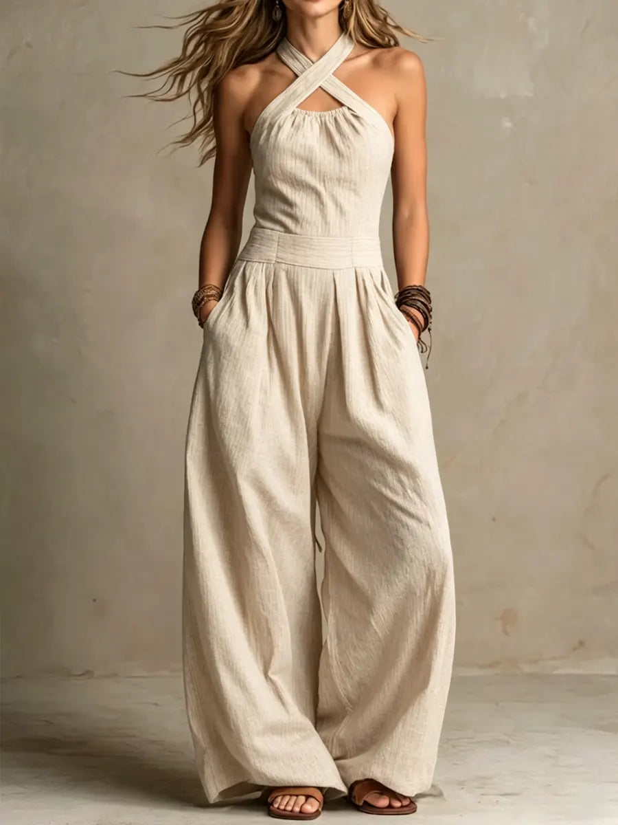 Women's Black Wide Leg Jumpsuit — Elegant Summer Jumpsuit with Crossover Neckline for Evening Occasions | Koossa