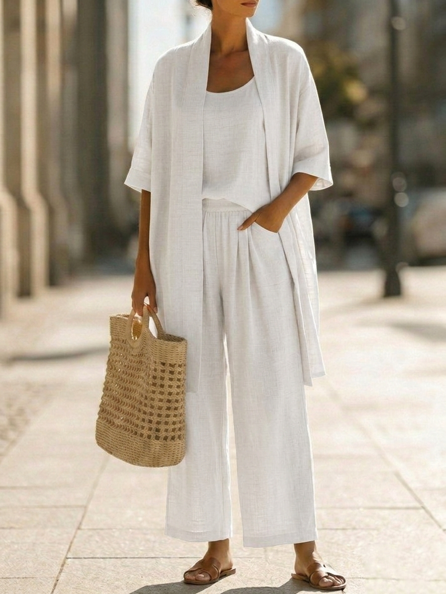 Women's Three-Piece Co-ord Set in Breathable Fabric | Relaxed Fit Top Trousers Waistcoat for Everyday Elegance | Koossa
