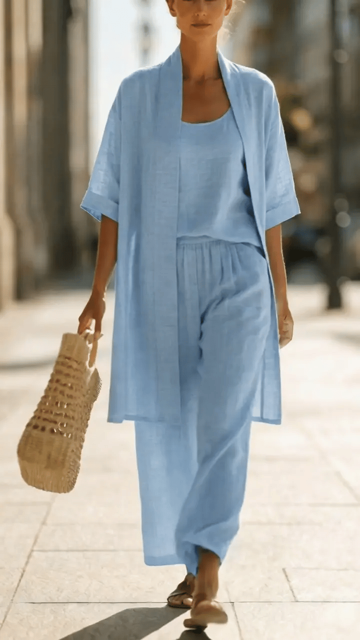 Women's Three-Piece Co-ord Set in Breathable Fabric | Relaxed Fit Top Trousers Waistcoat for Everyday Elegance | Koossa